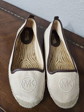 Michael Kors Cream Canvas Espadrille Flats with Brown Trim